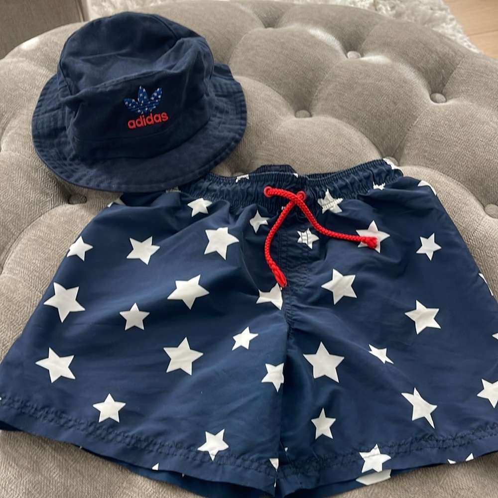 H&M swim trunks, boys 8-10 with adidas youth bucket hat